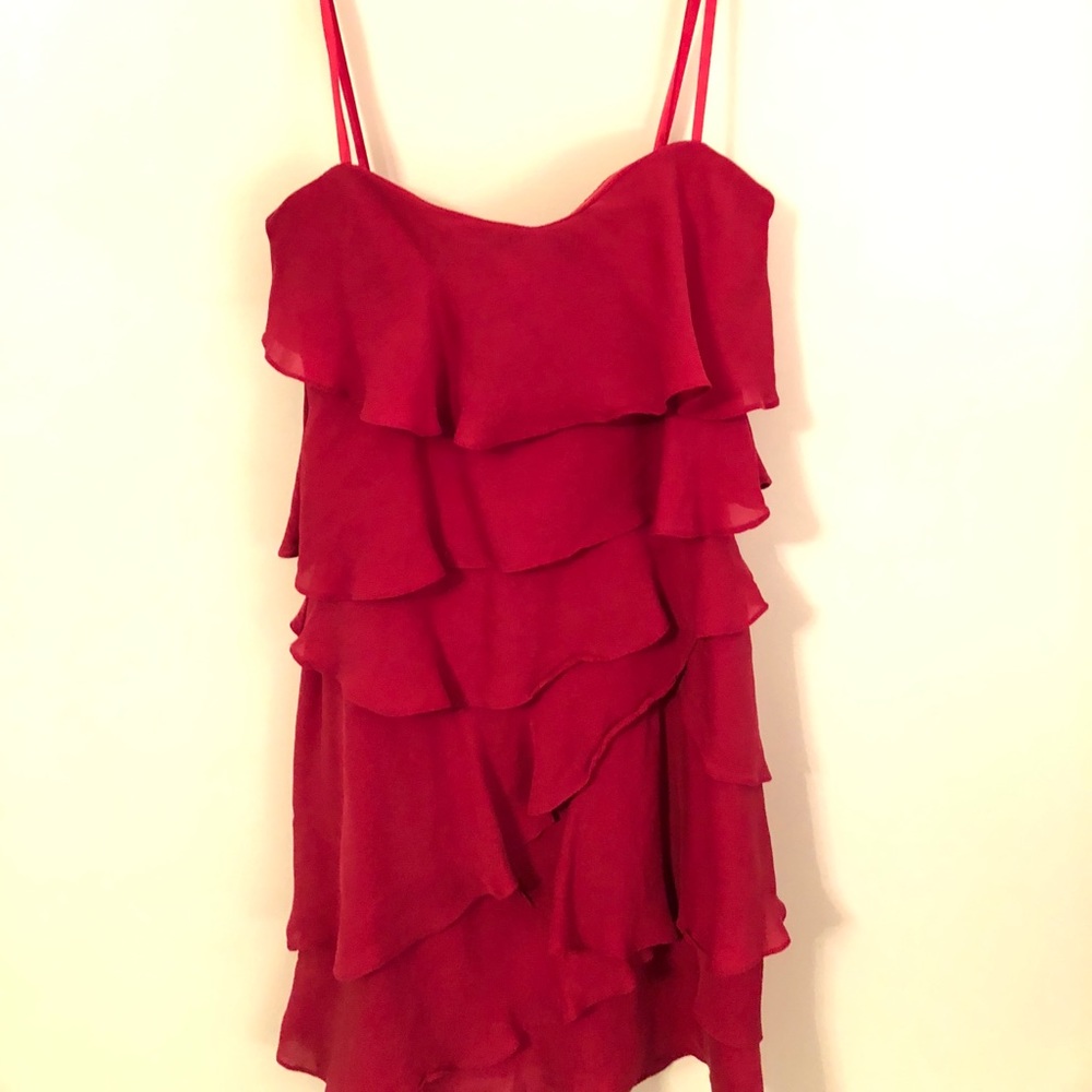 //SPAGHETTI STRAP PINK RUFFLED MINI DRESS//